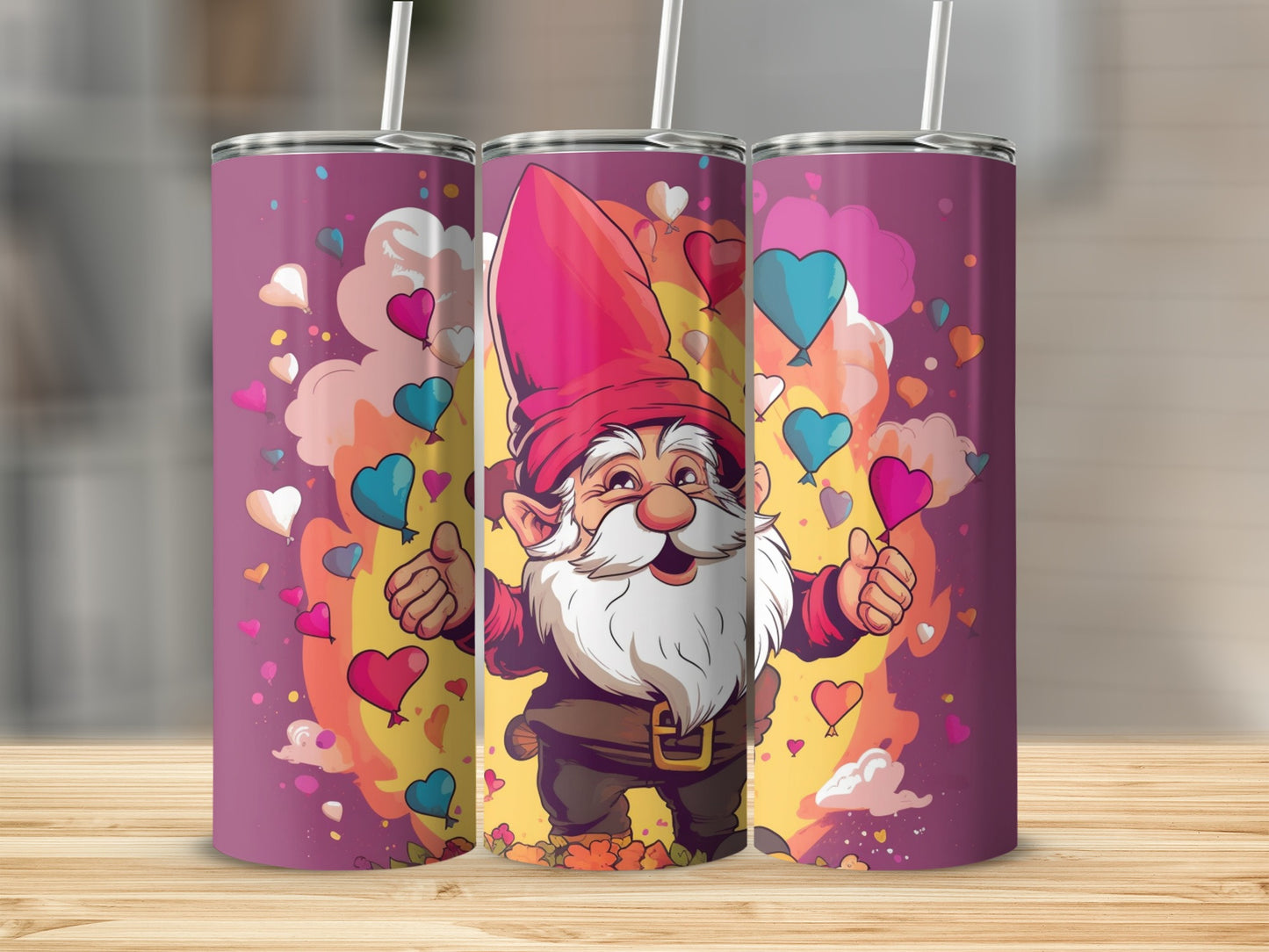 Colorful gnome surrounded by hearts tumbler