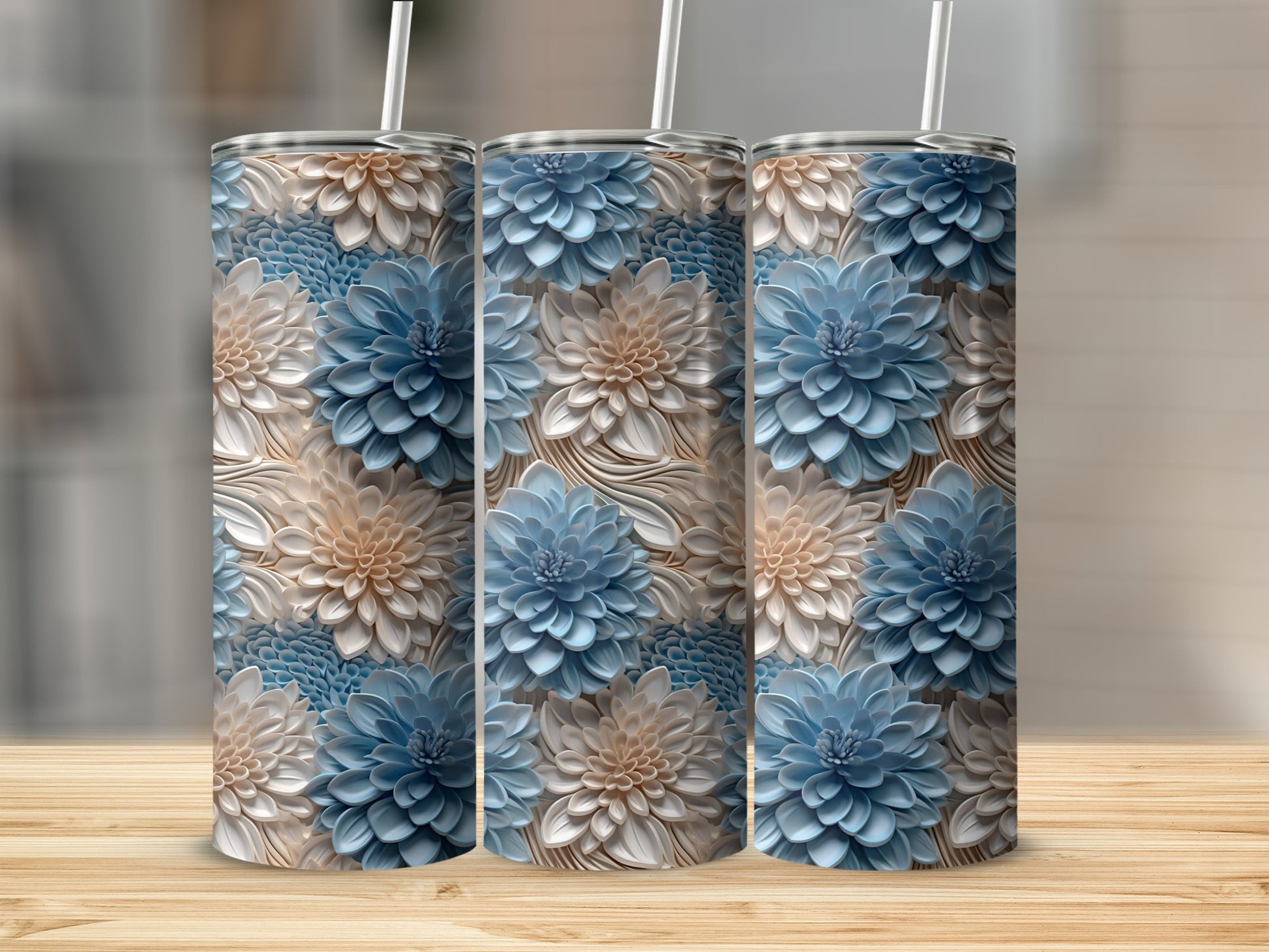 Elegant Blue and Beige Floral Design Insulated Tumbler