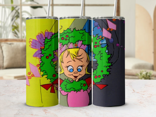Three tumblers feature Cindy Lou Who in a wreath, one with a yellow, one with a green, and one with a dark background.