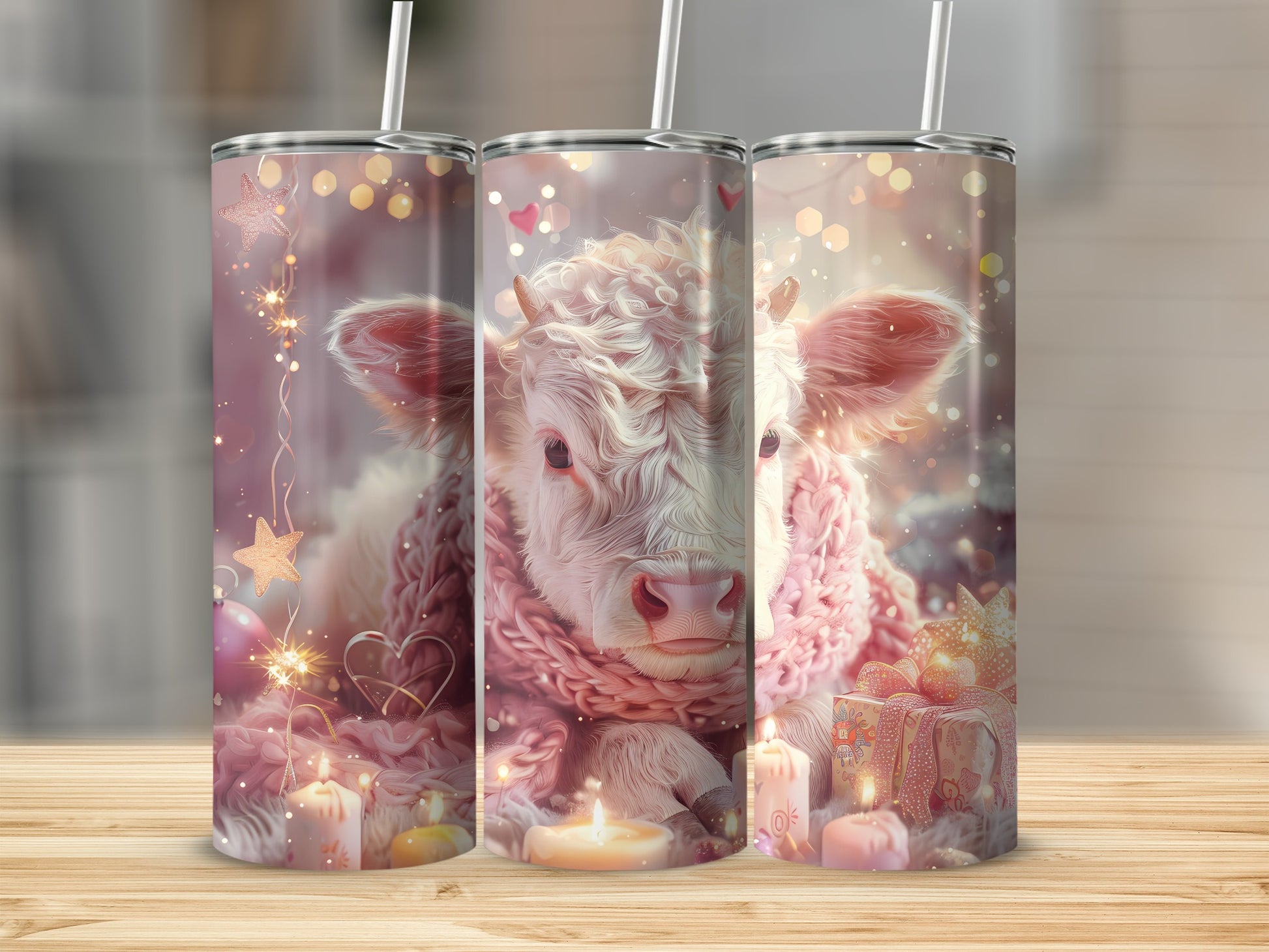 Three tumblers with a fluffy white cow wearing a pink scarf.