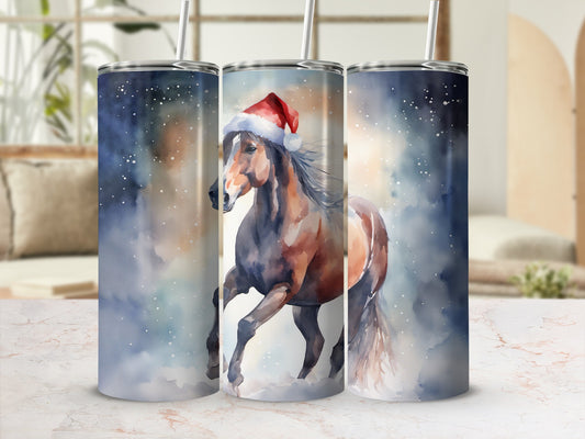 Watercolor horse wearing a Santa hat, surrounded by snow.