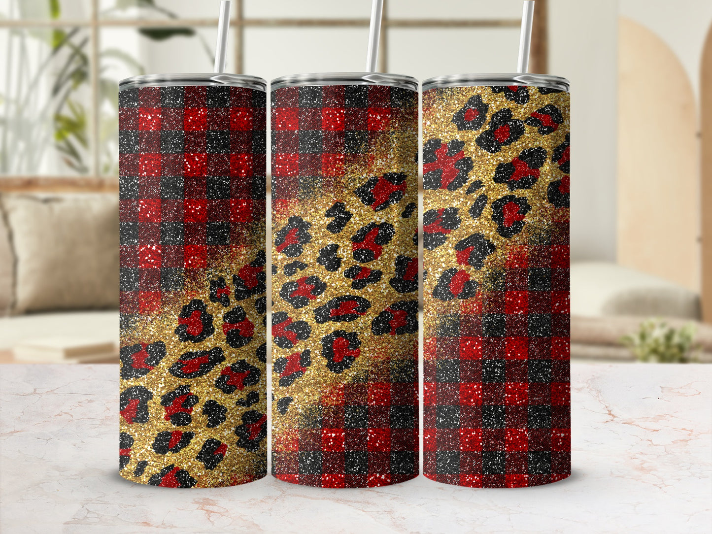 Red and black buffalo plaid with gold glitter and leopard print tumbler.
