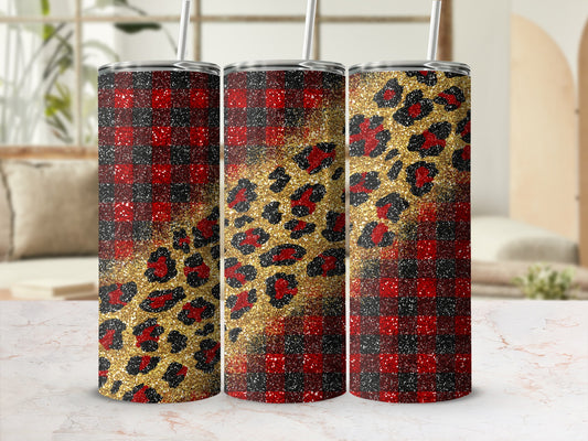 Red and black buffalo plaid with gold glitter and leopard print tumbler.