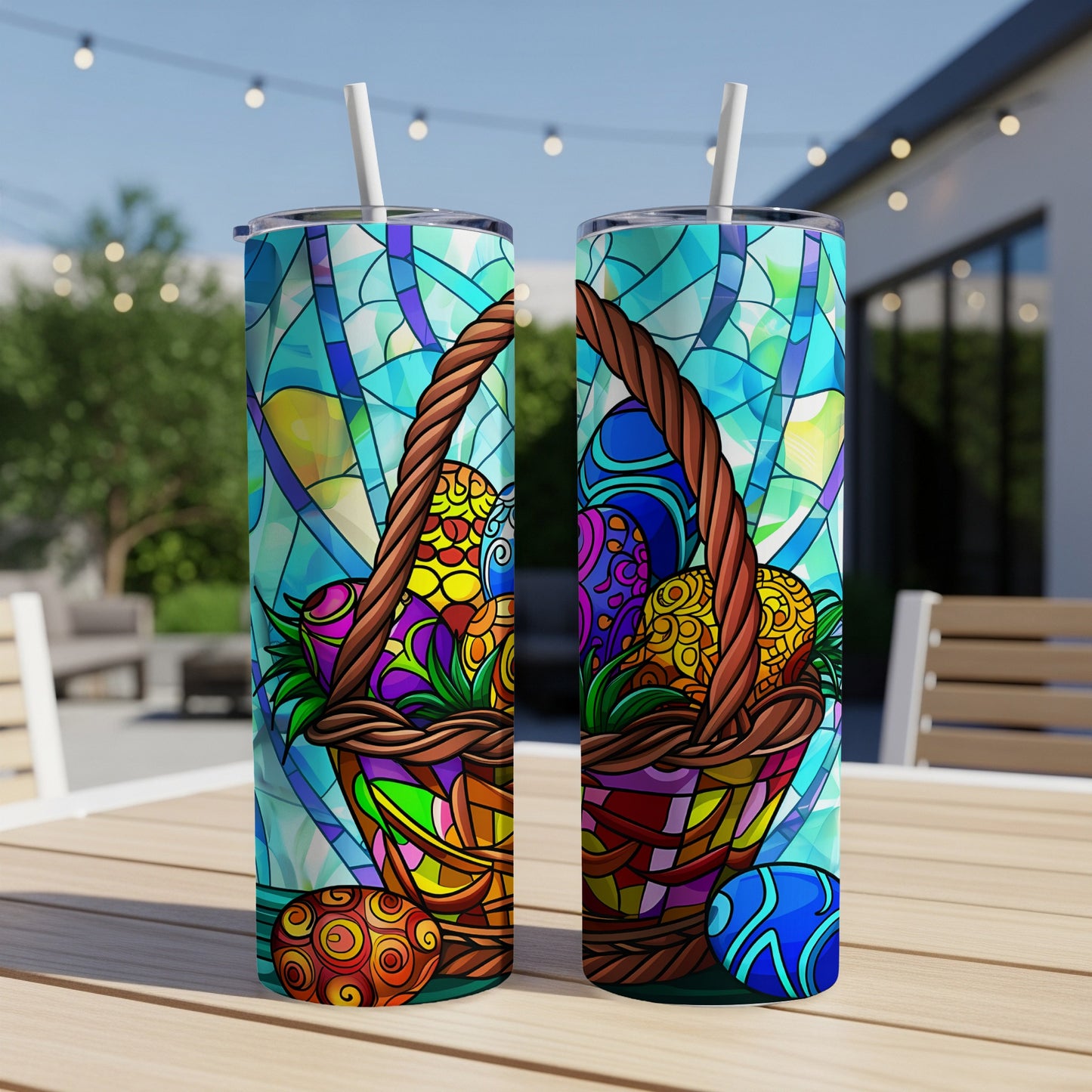 Two tall tumblers featuring a stained-glass Easter basket overflowing with colorful, patterned eggs.