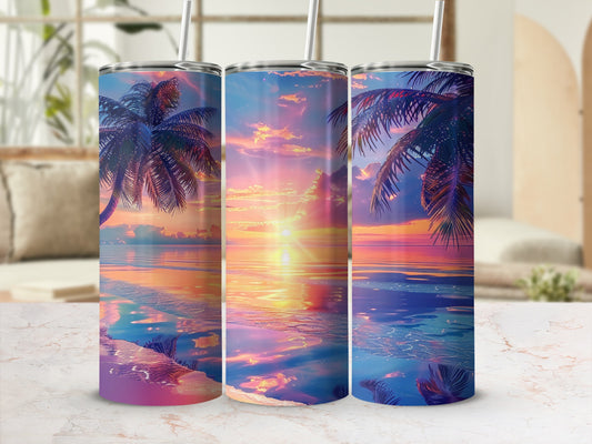Three tumblers with a vibrant sunset over water and palm trees scene.