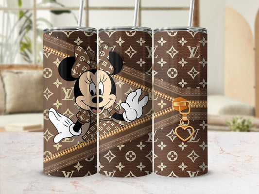 Minnie Mouse on a brown LV-style pattern tumbler with zipper detail.