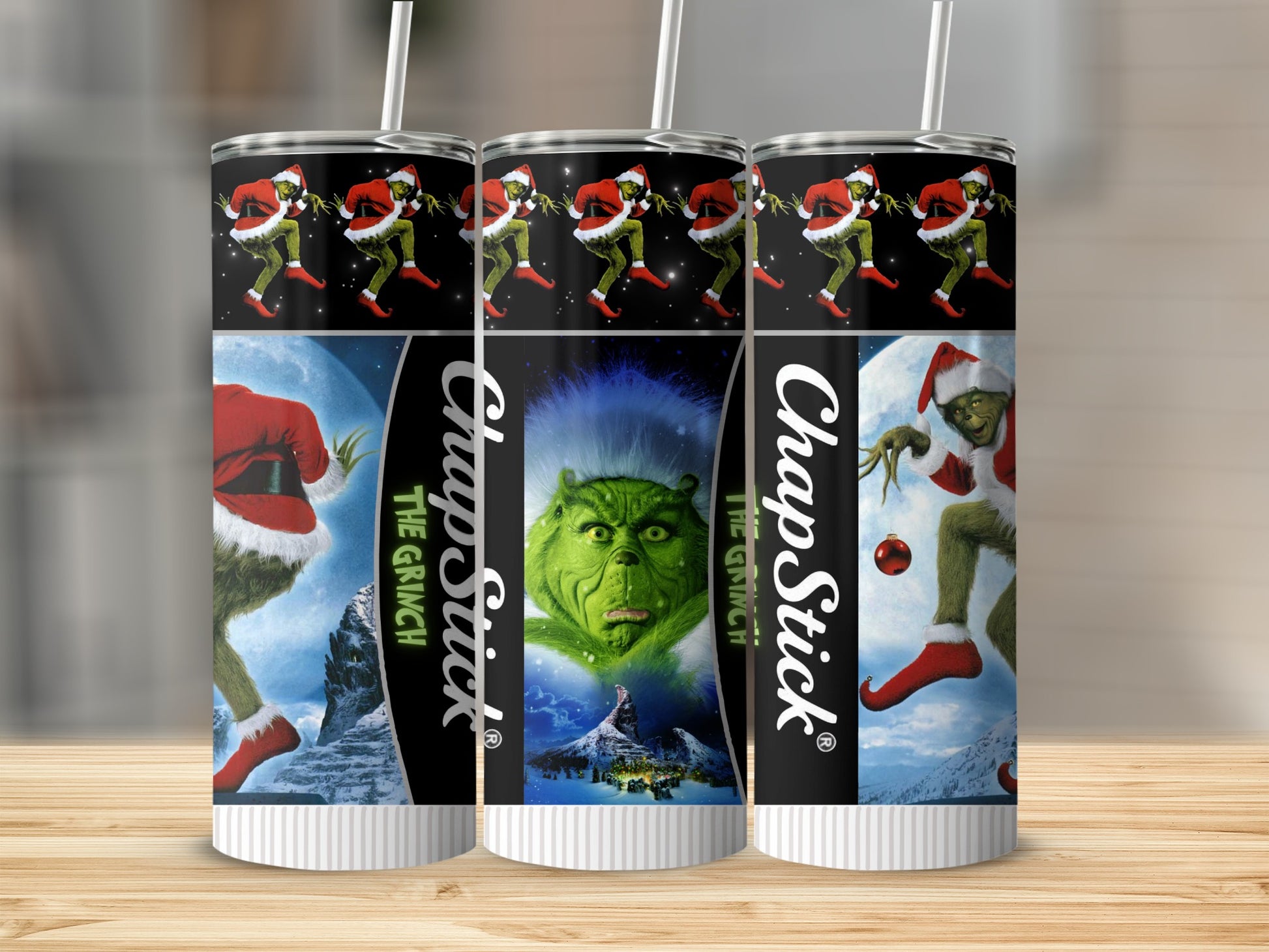 Grinch ChapStick tumbler with repeating Grinch pattern.