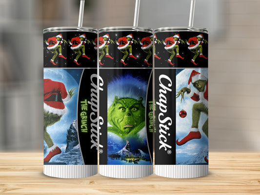 Grinch ChapStick tumbler with repeating Grinch pattern.