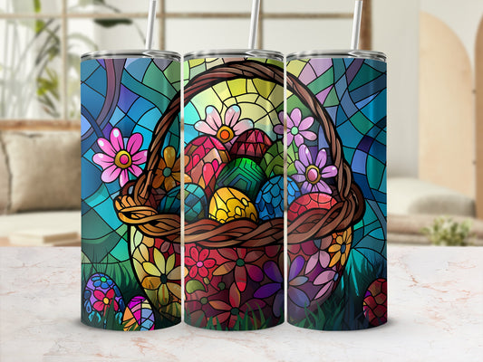 Stained glass tumbler with Easter basket filled with colorful eggs and flowers.