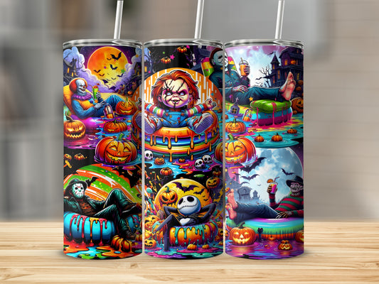 Three tumblers feature Halloween movie villains with pumpkins, bats, and a spooky moon.