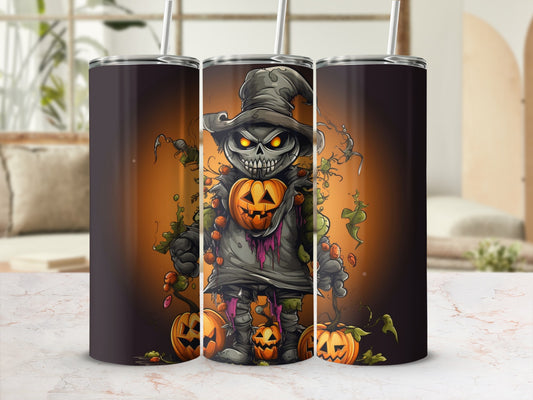 Tumbler with cartoon scarecrow holding pumpkin, surrounded by pumpkins and vines.