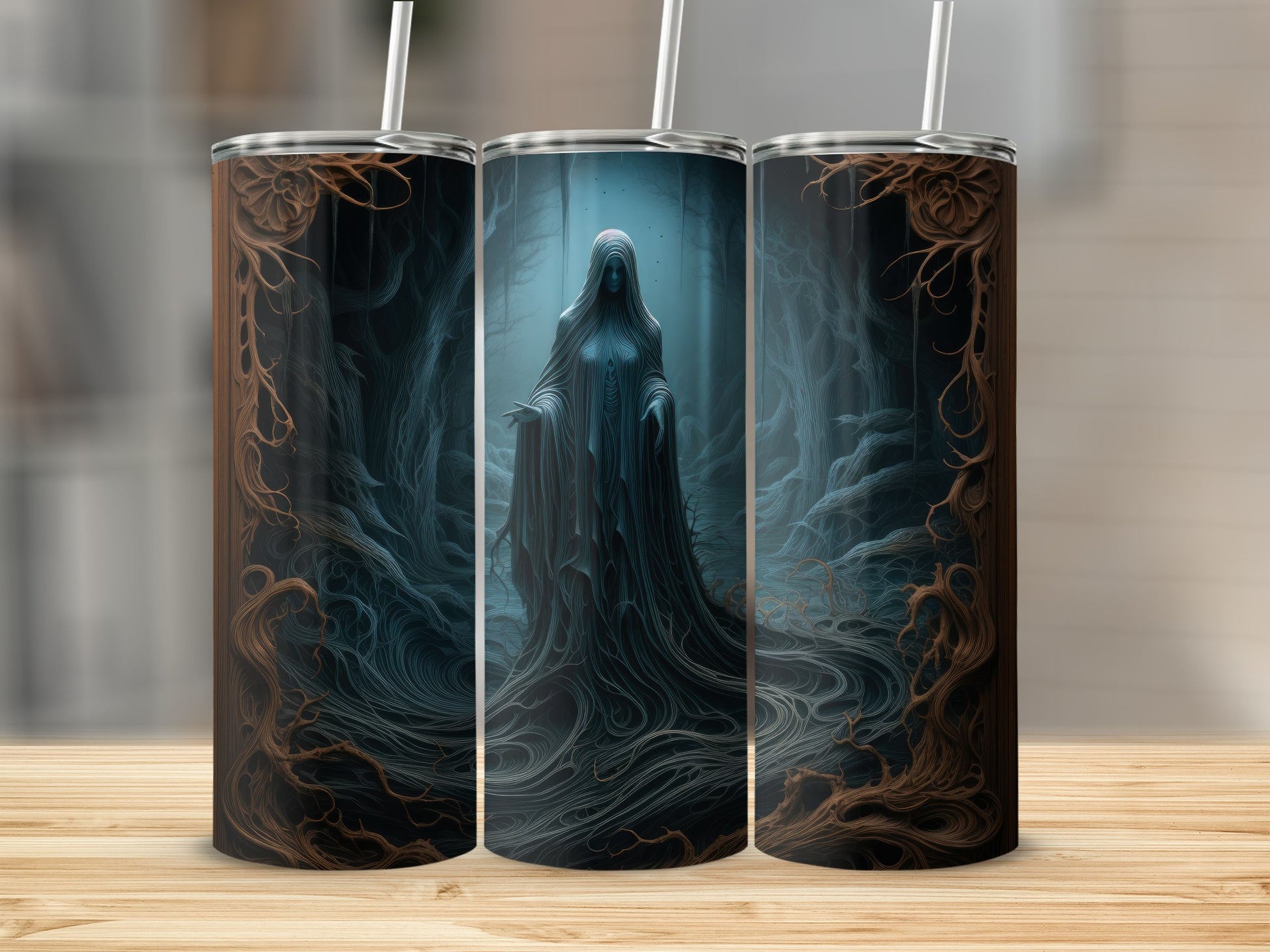 Three tumblers with a hooded figure in a dark, mystical forest.