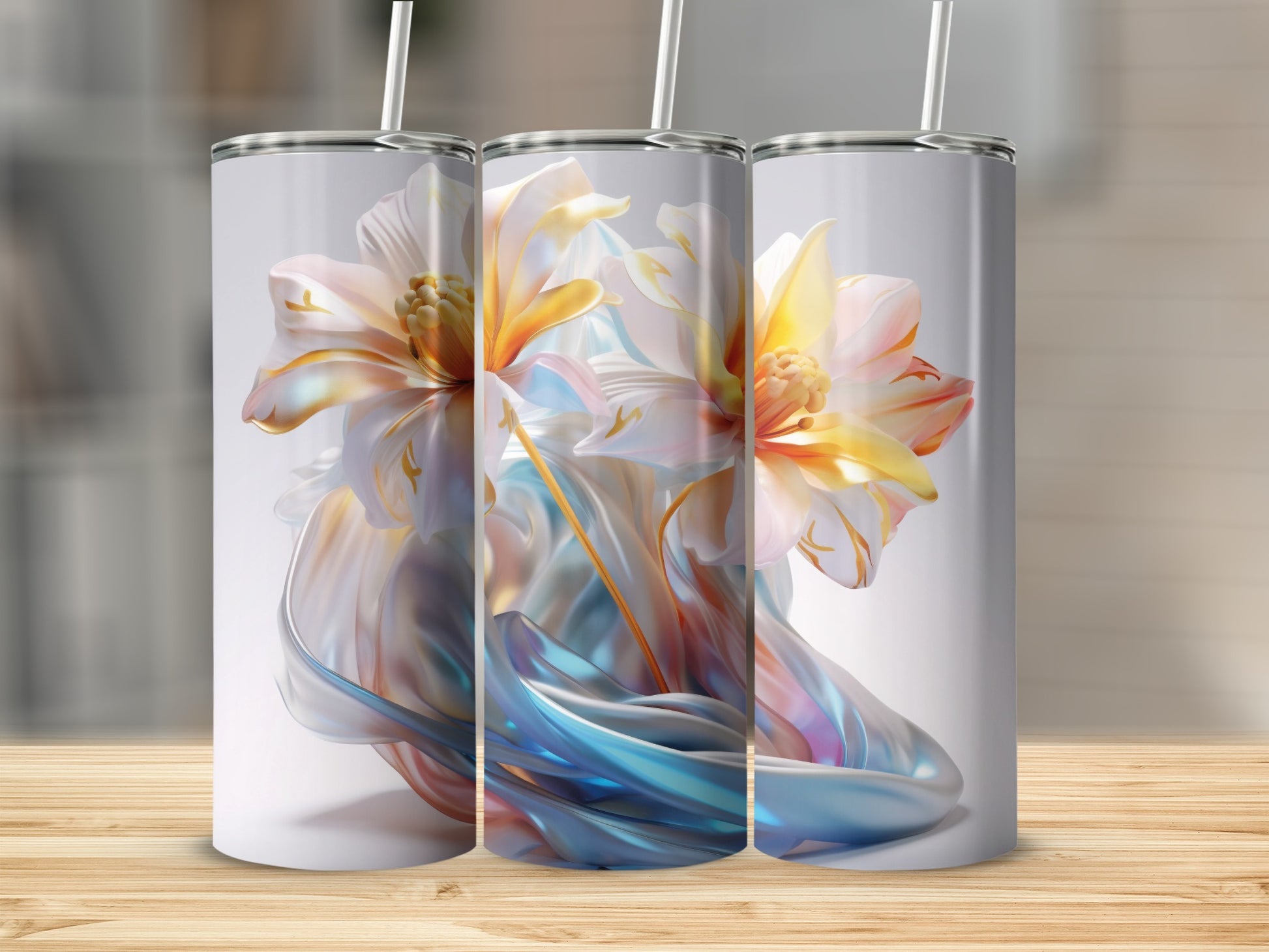 Three tumblers with abstract floral and fabric design.
