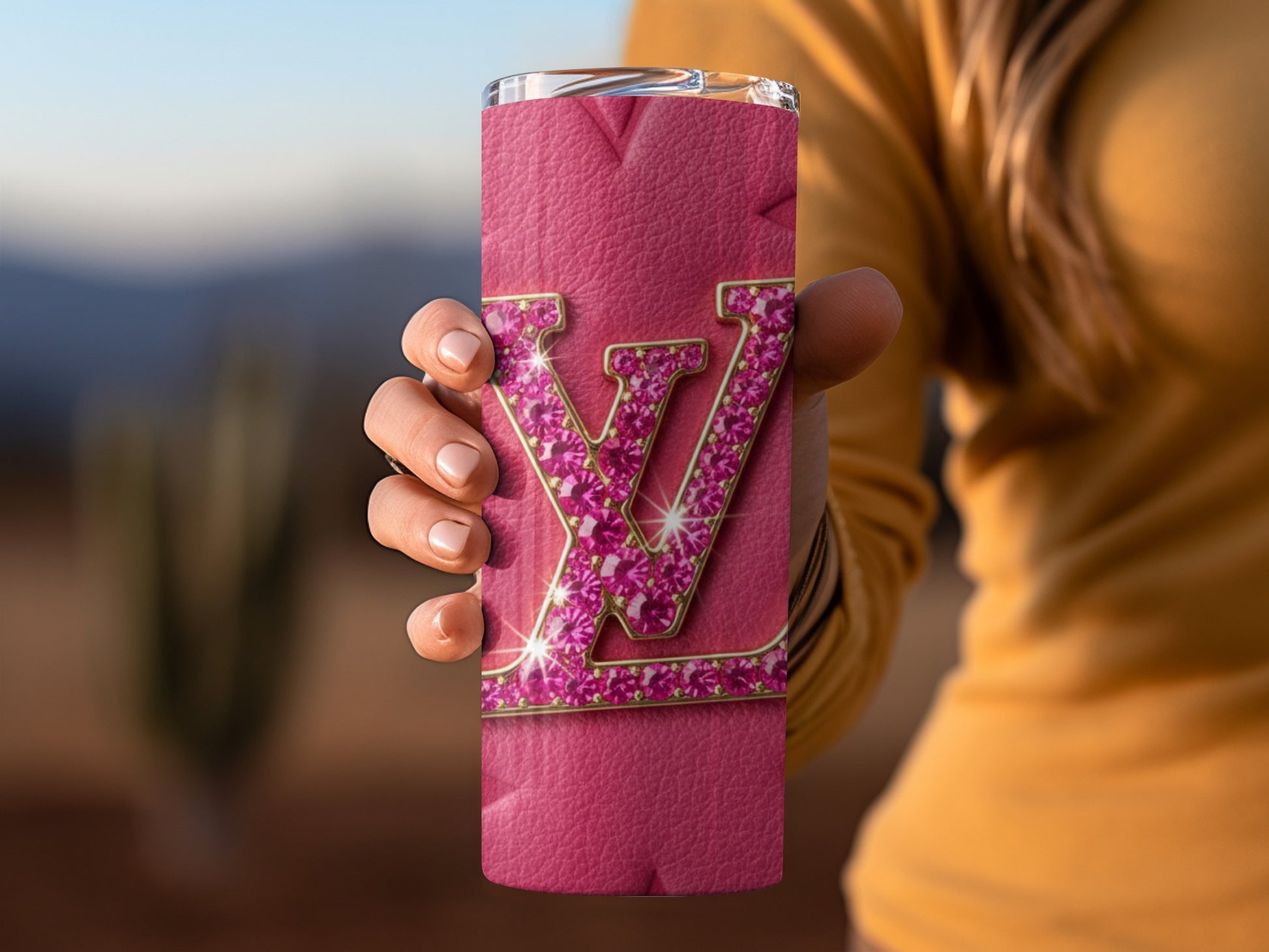 Pink Tumbler with Glittering LV Initial Design