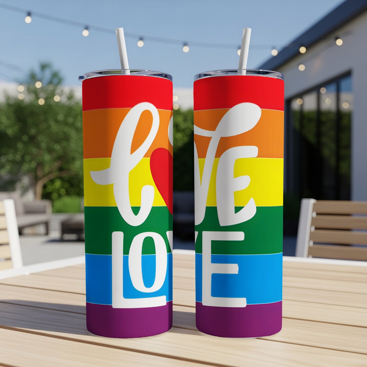 Rainbow patterned tumblers with "Love" in white text.
