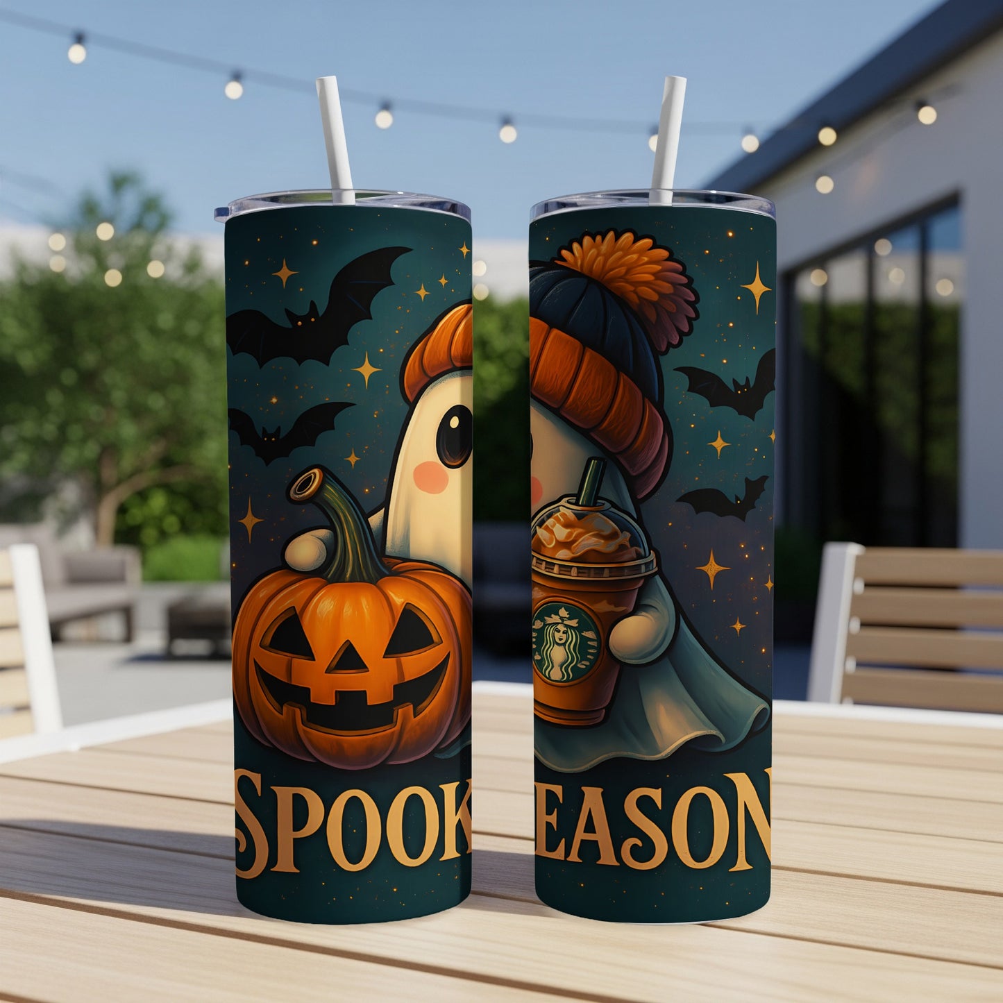 Halloween tumbler with a ghost, pumpkin, and coffee cup with "Spook Season" text.