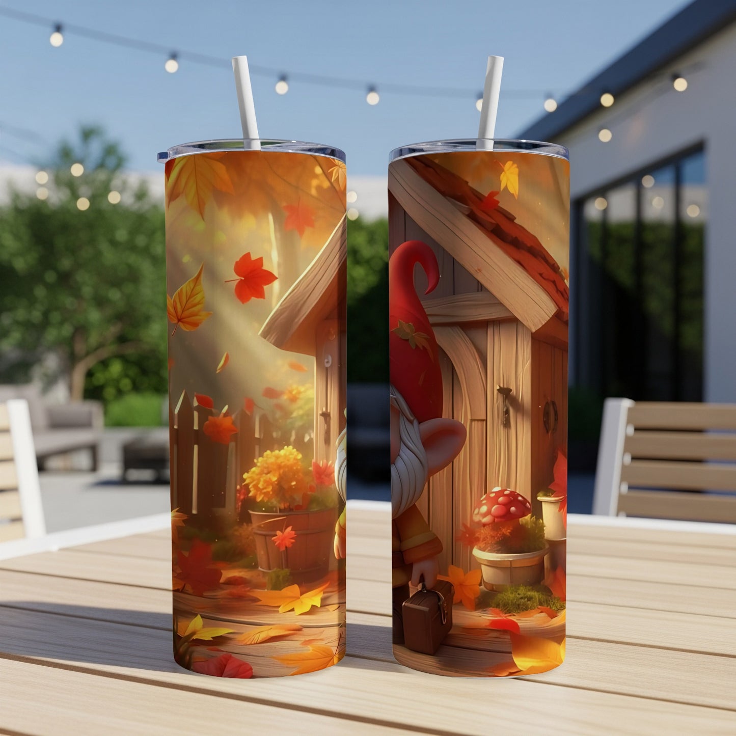 Two tumblers with an autumn gnome design featuring falling leaves and mushrooms.
