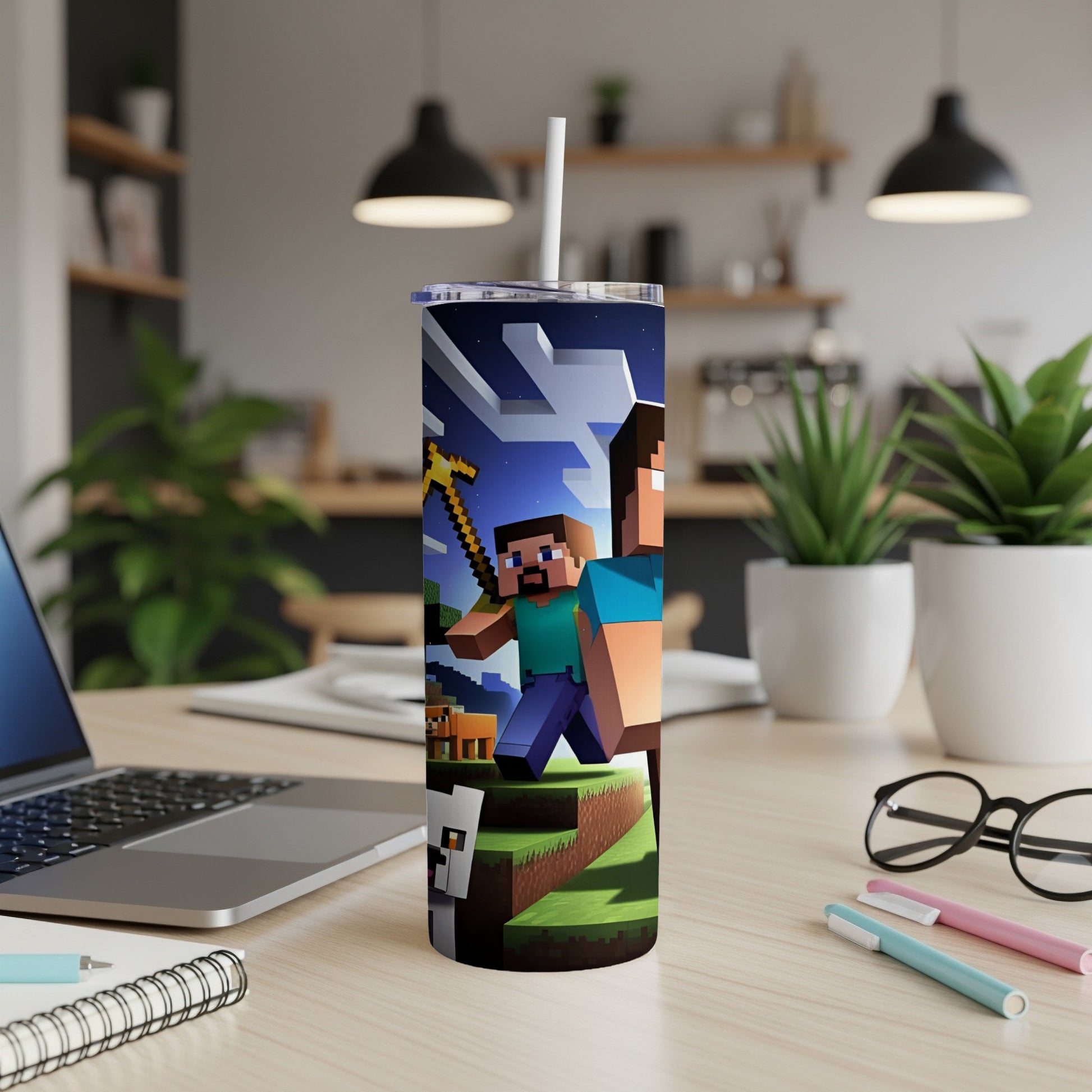 Steve and Alex from Minecraft on a tumbler with a straw.