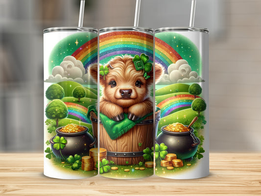 Cute cow peeking from a barrel with shamrocks, rainbows, and pots of gold.