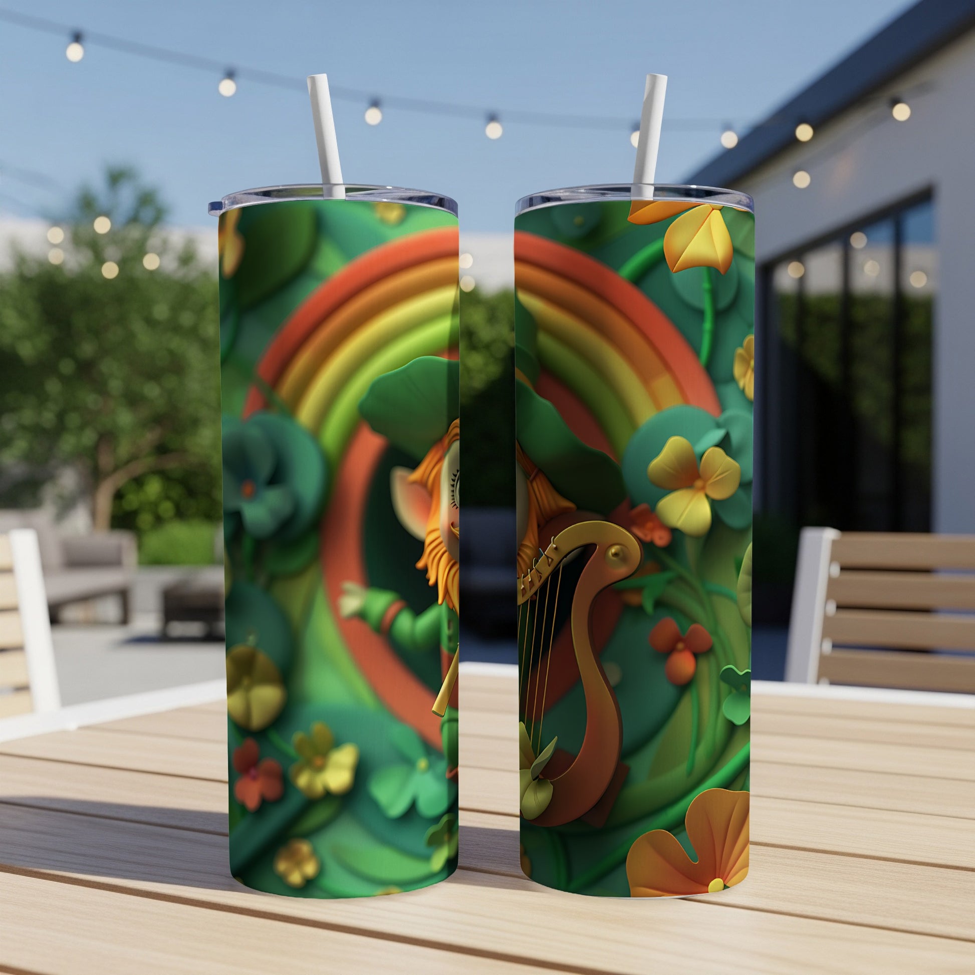 Two St. Patrick's Day tumblers with leprechaun and rainbow designs.