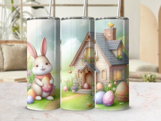 Easter bunny holding an egg in front of a cottage with Easter eggs.