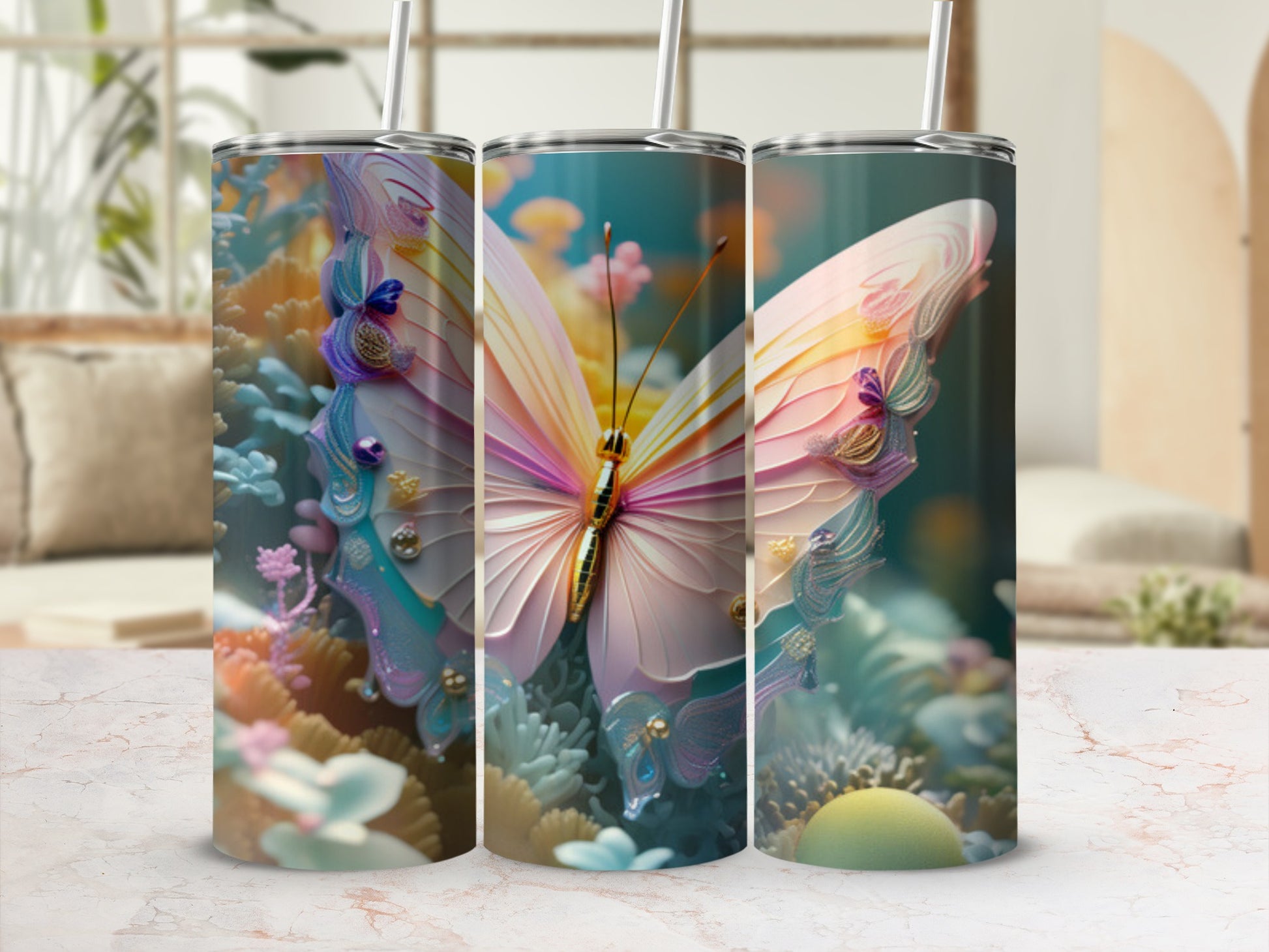 Three tumblers featuring a pink and yellow butterfly surrounded by coral and floral designs.