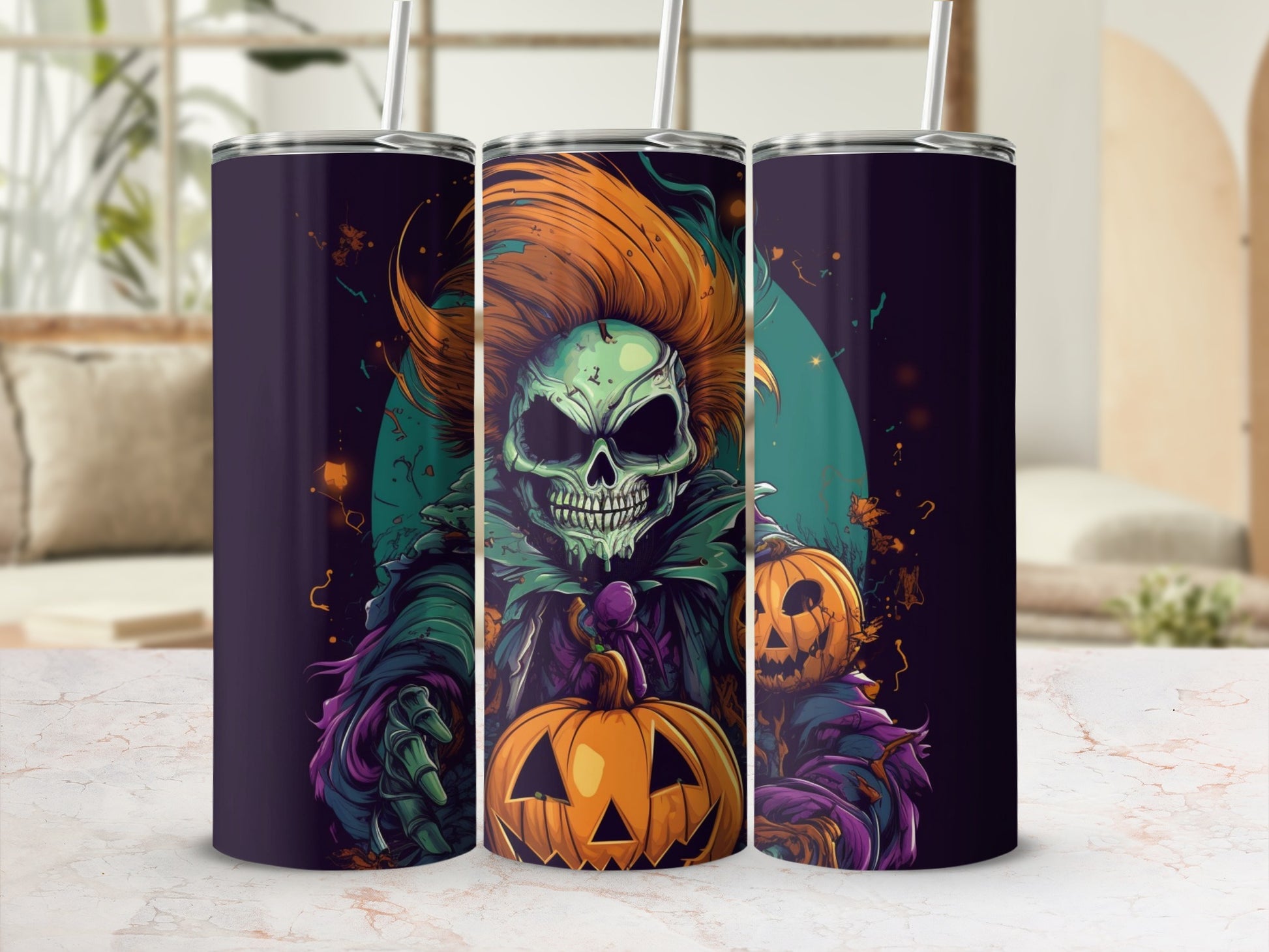 Creepy Halloween Skull and Pumpkin Design Tumbler