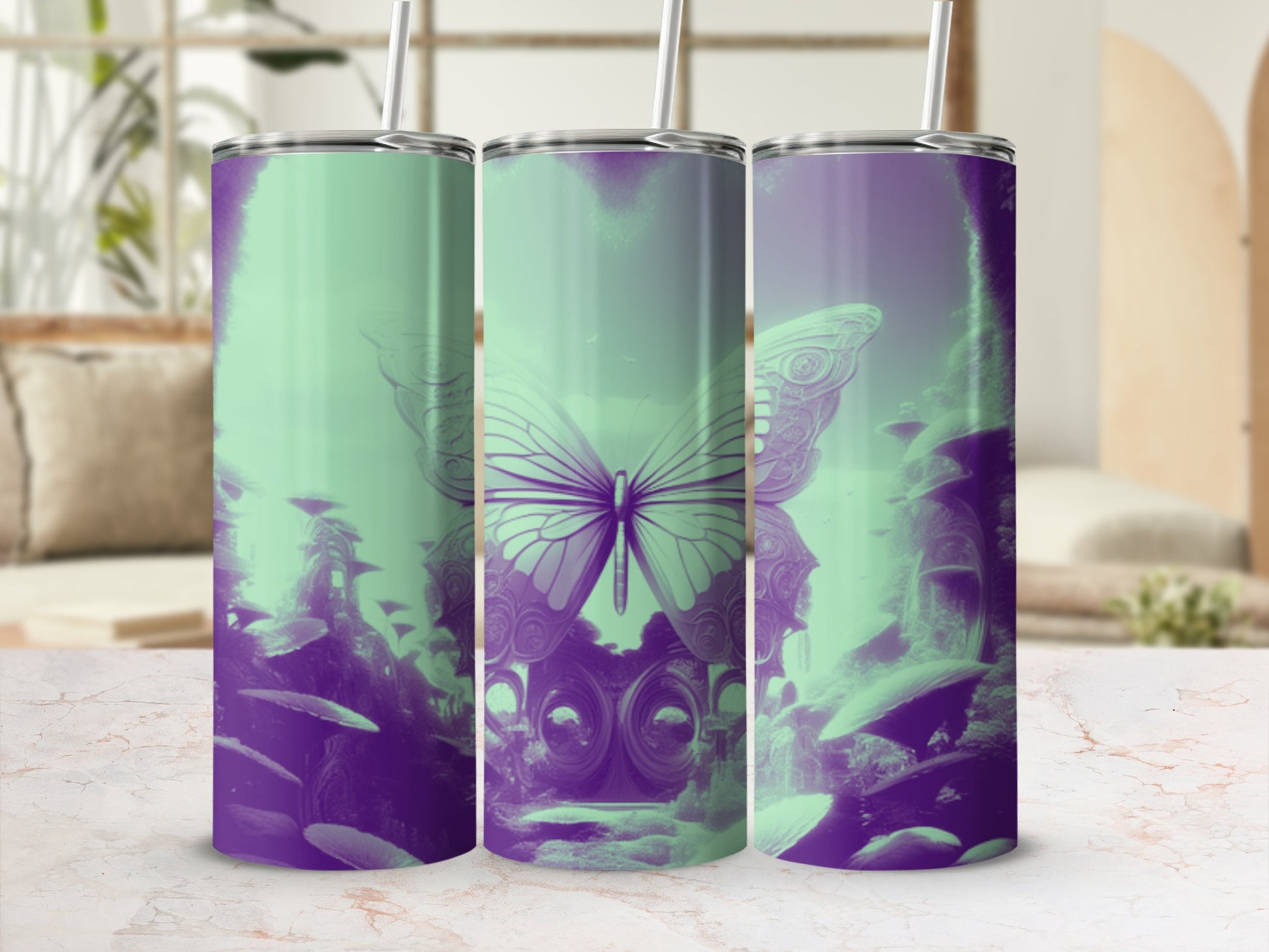 Purple and green butterfly on a mystical mushroom forest scene.