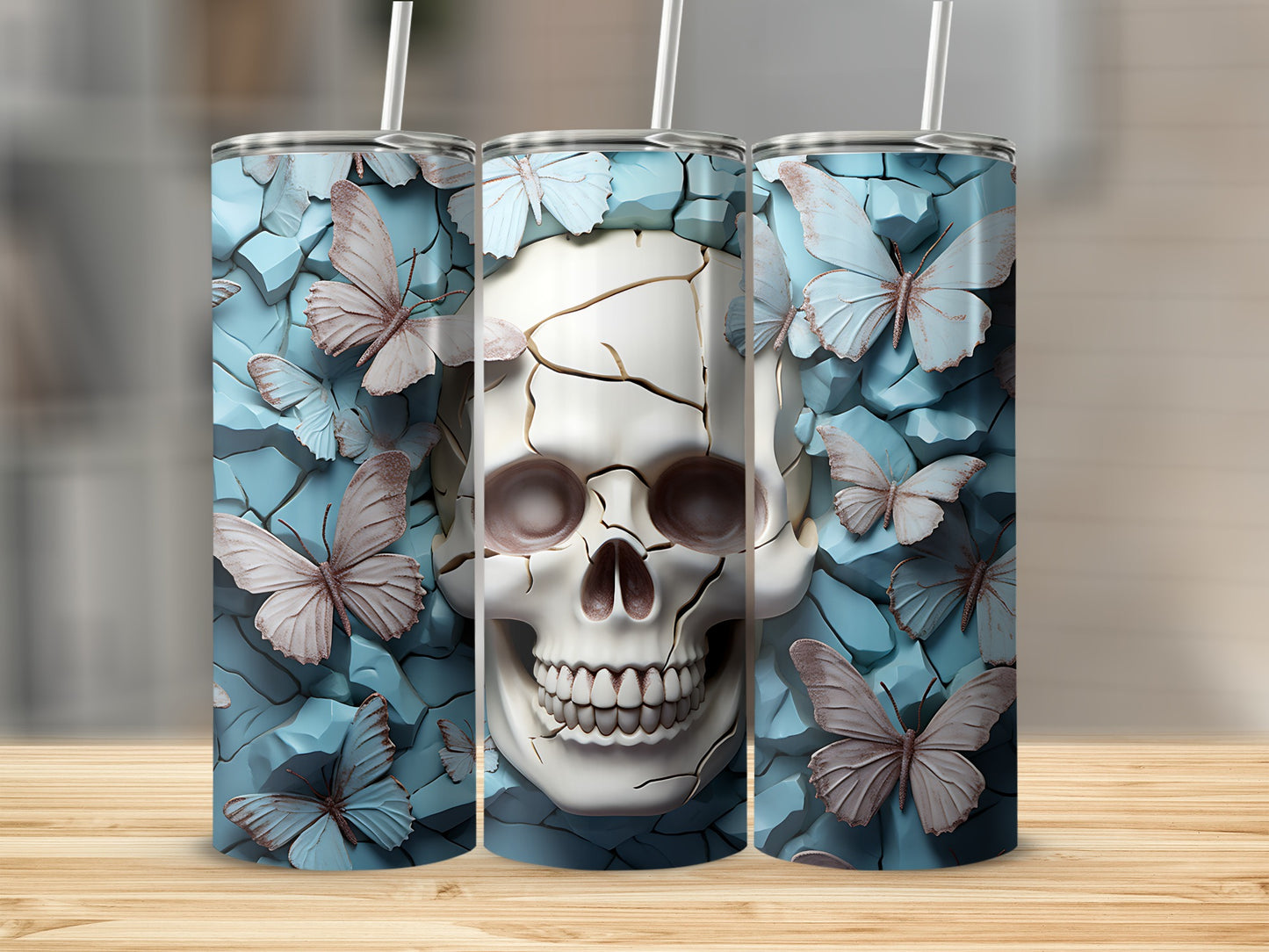 Cracked skull and butterflies on a blue textured tumbler.
