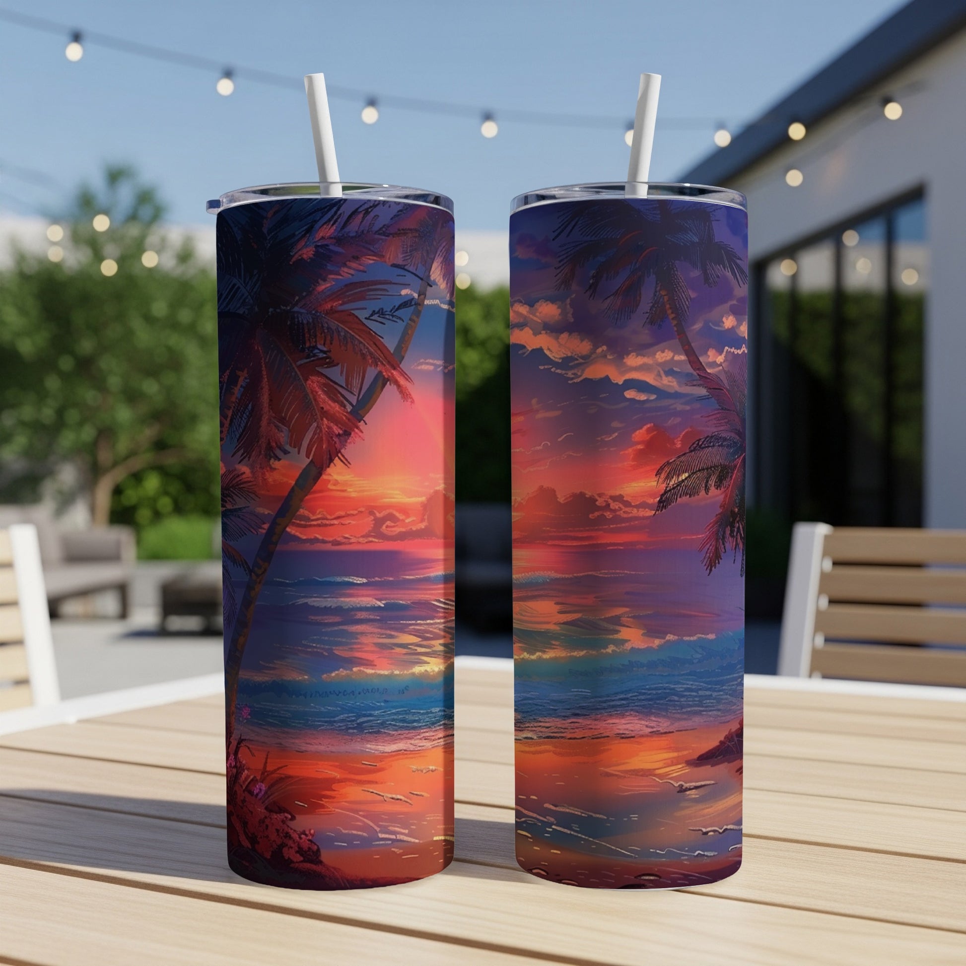 Two tumblers featuring a tropical sunset scene with palm trees and ocean.