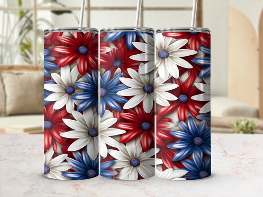 Three tumblers with red, white, and blue floral patterns.