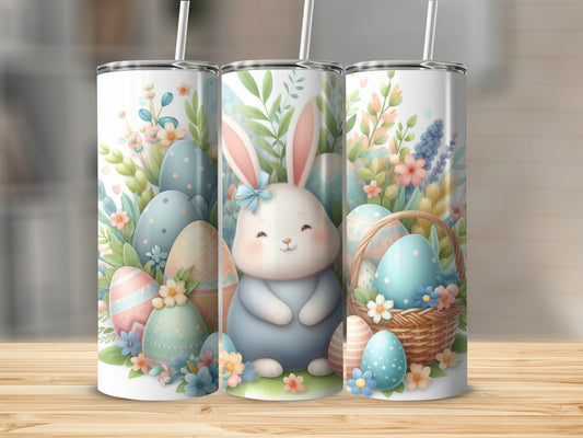 Cute Easter bunny with decorated eggs and flowers on tumblers.