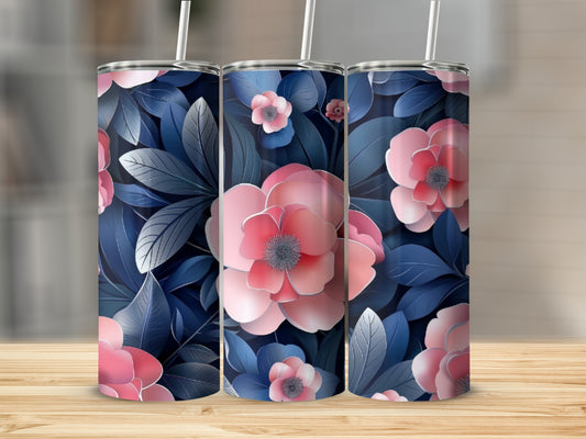 Three tall tumblers with pink flowers and dark blue leaves on a wooden surface.