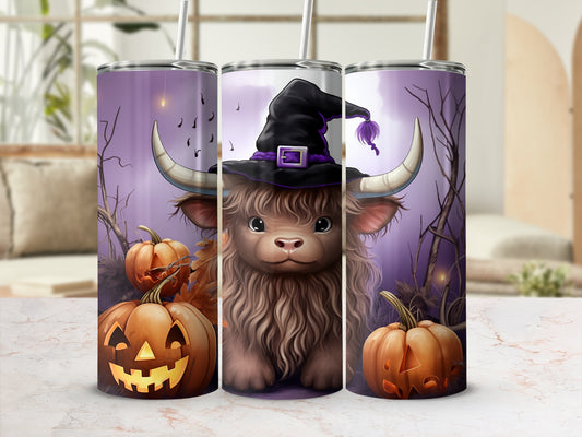 Three tumblers with a Halloween highland cow design featuring pumpkins and a witch hat.