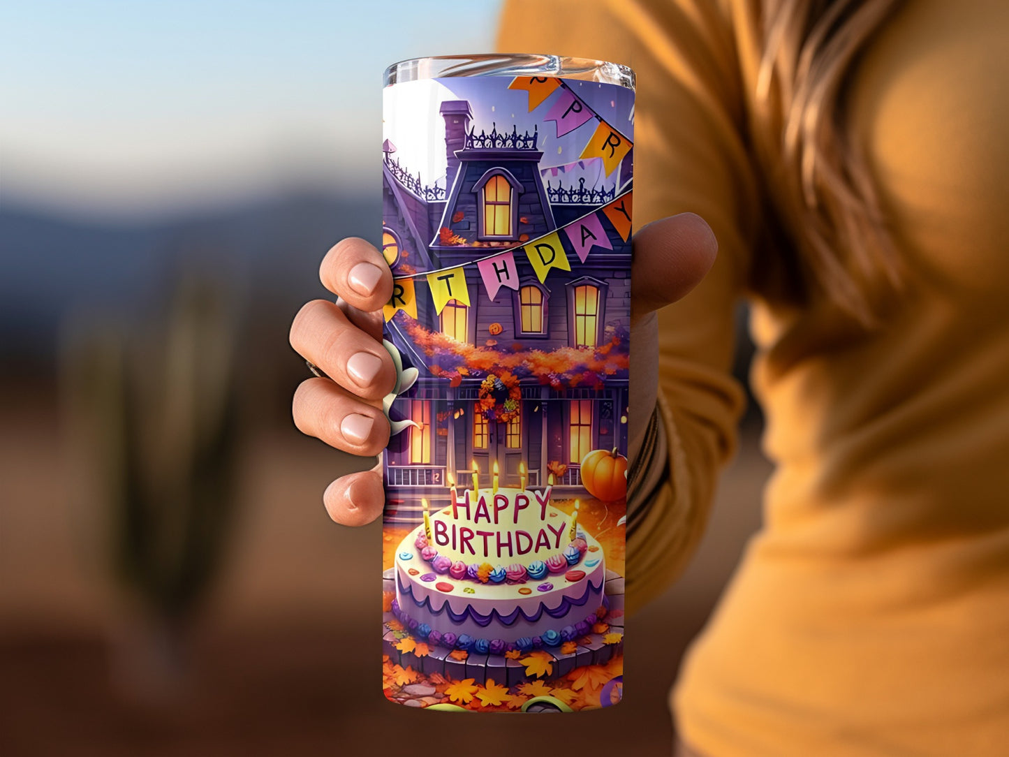Happy Birthday Haunted House Themed Tumbler