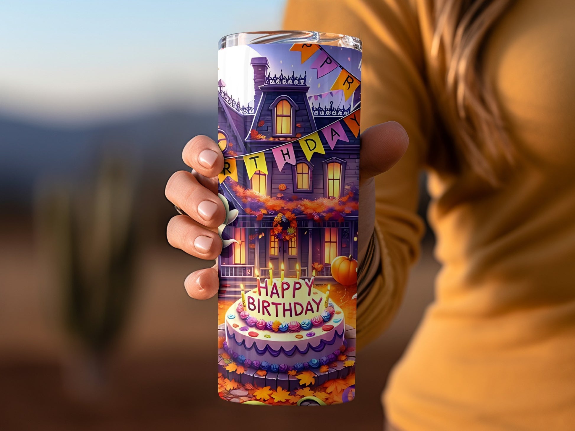 Happy Birthday Haunted House Themed Tumbler