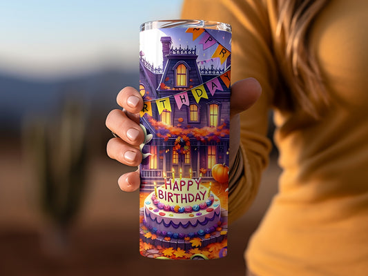 Happy Birthday Haunted House Themed Tumbler