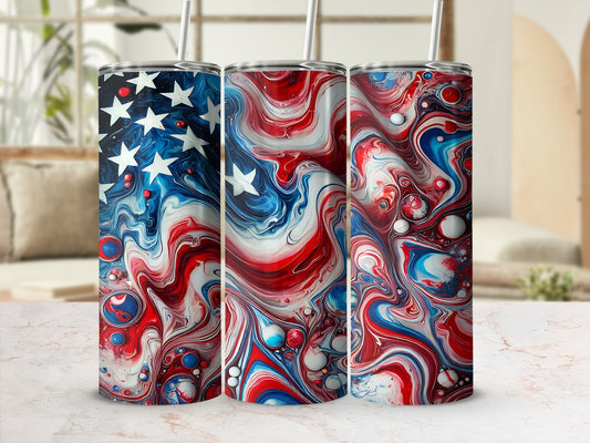 Three tumblers with patriotic abstract art, stars and swirls of red, white, and blue.