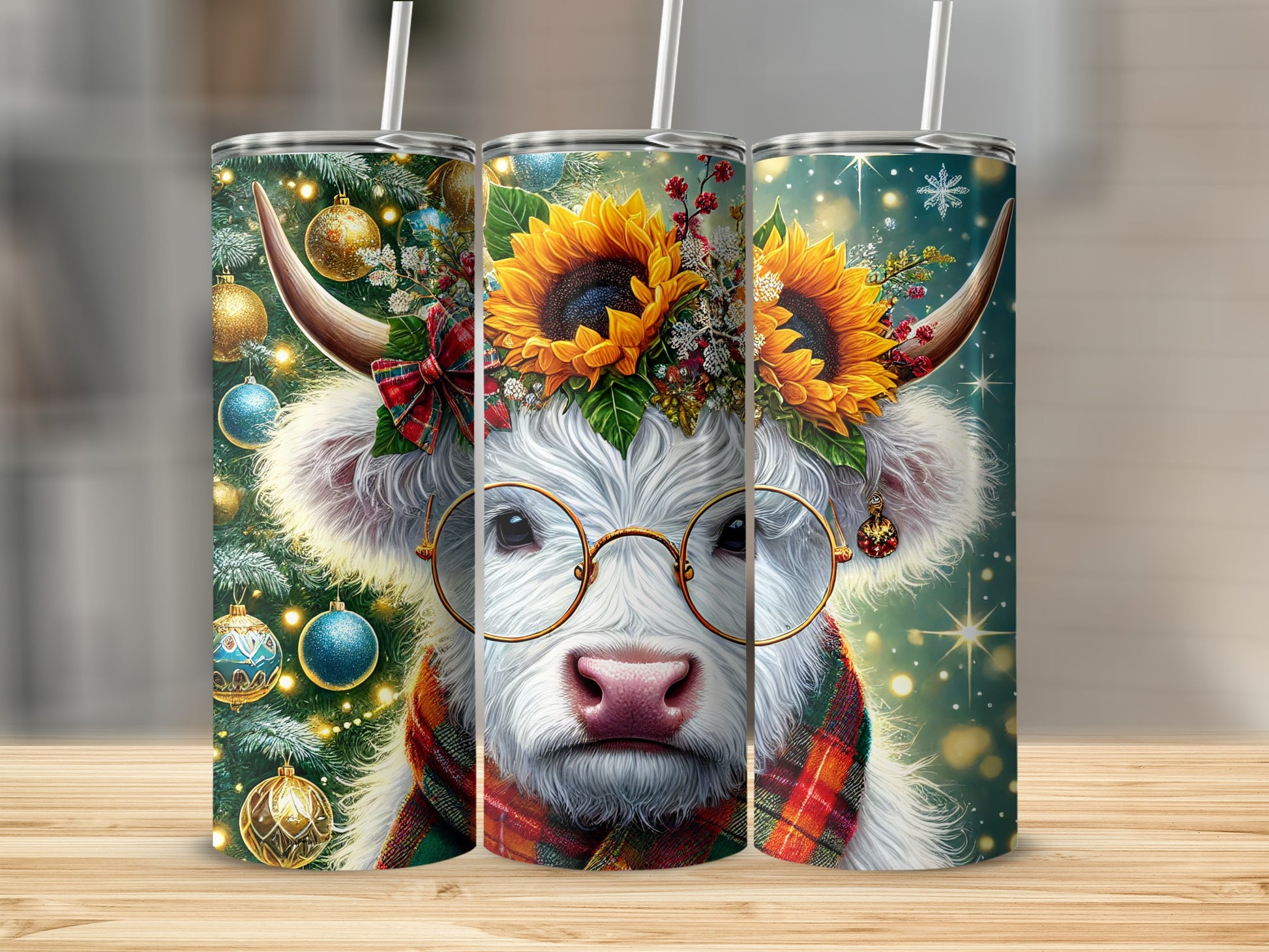 Festive Highland cow wearing glasses and a scarf with sunflowers on its head.