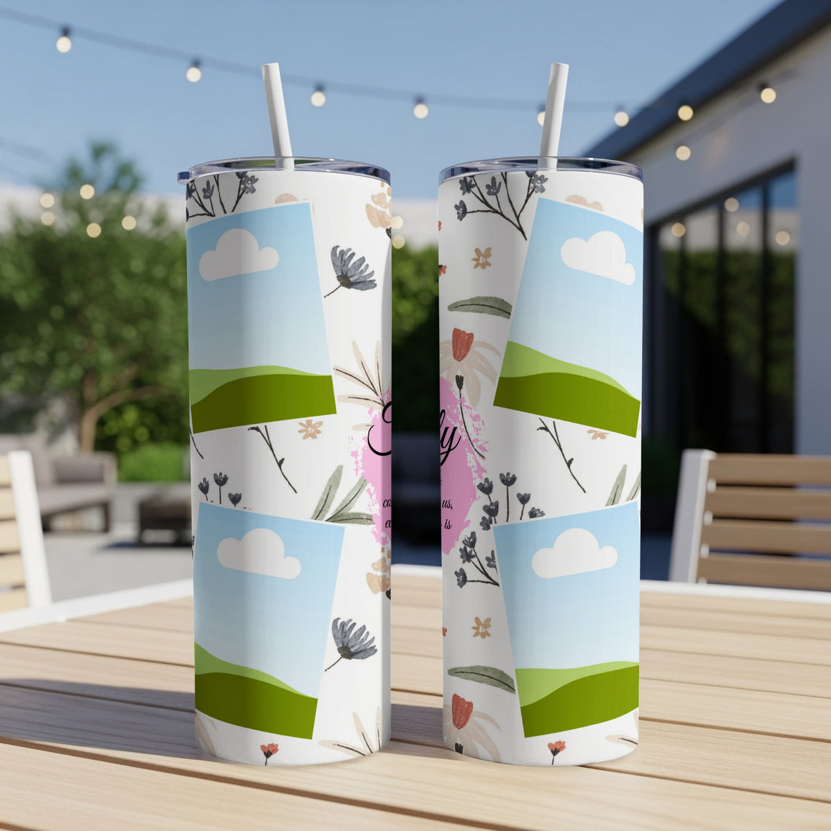 Two tall tumblers with floral and landscape photo collage designs.
