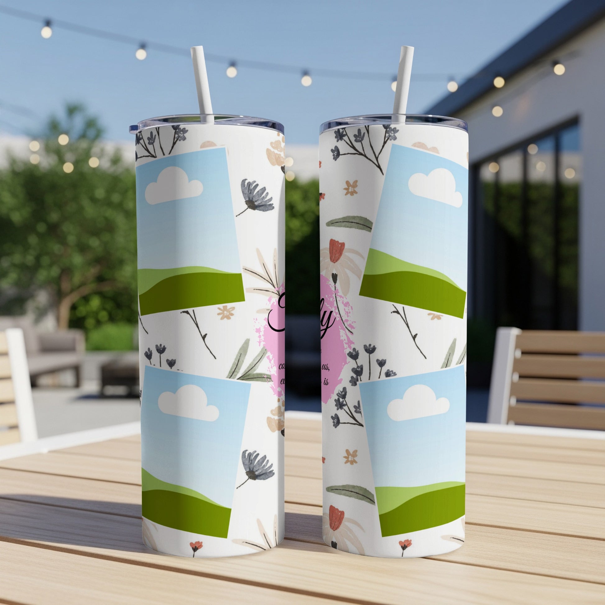 Two tall tumblers with floral and landscape photo collage designs.
