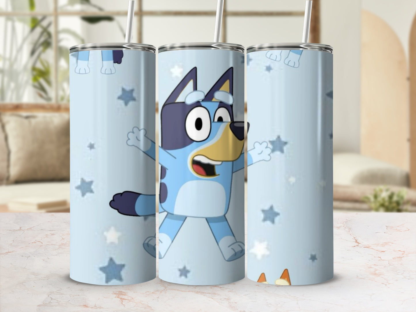 Blue Cartoon Dog Character with Stars Tumbler