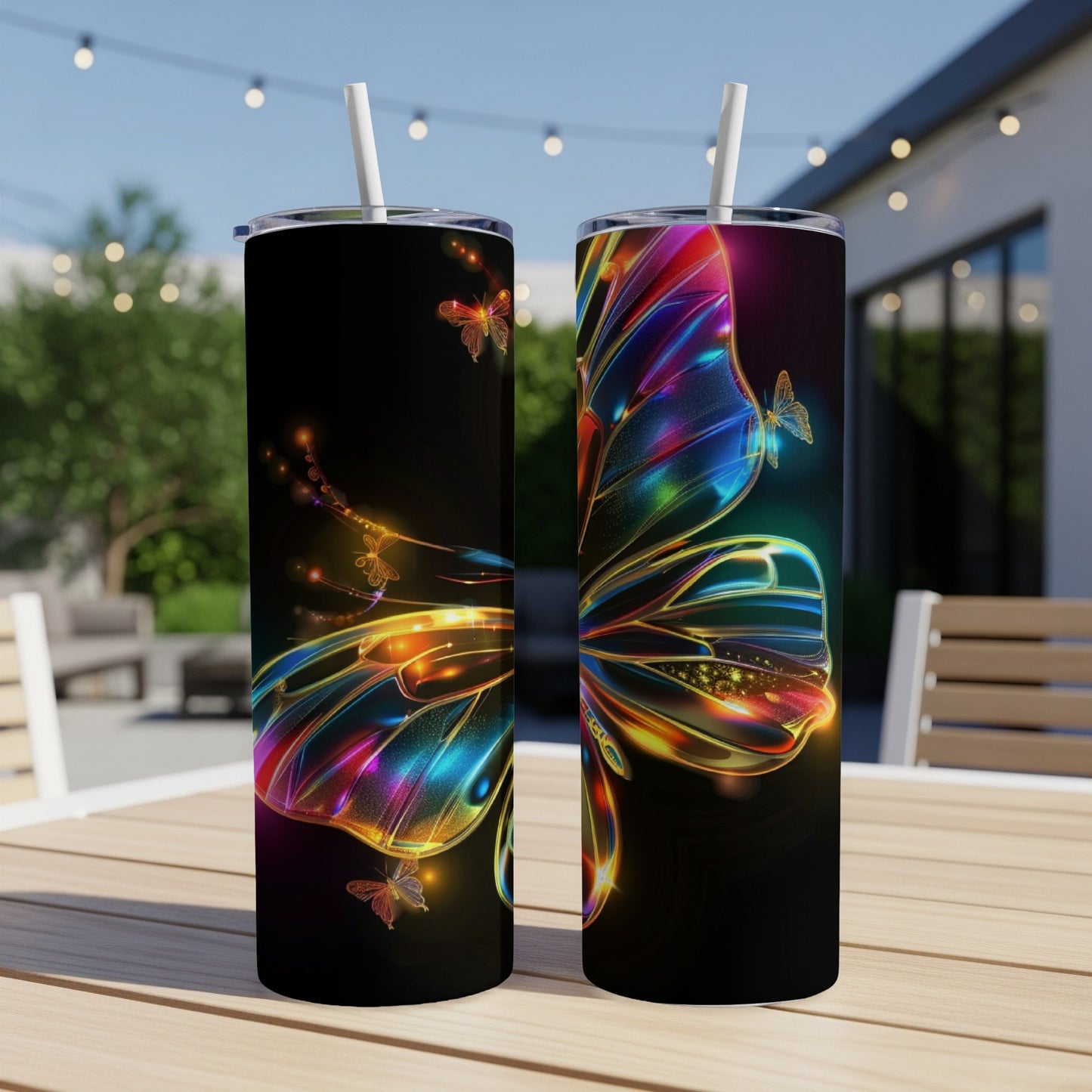 Two tumblers with iridescent butterfly wings against a dark, bokeh background.
