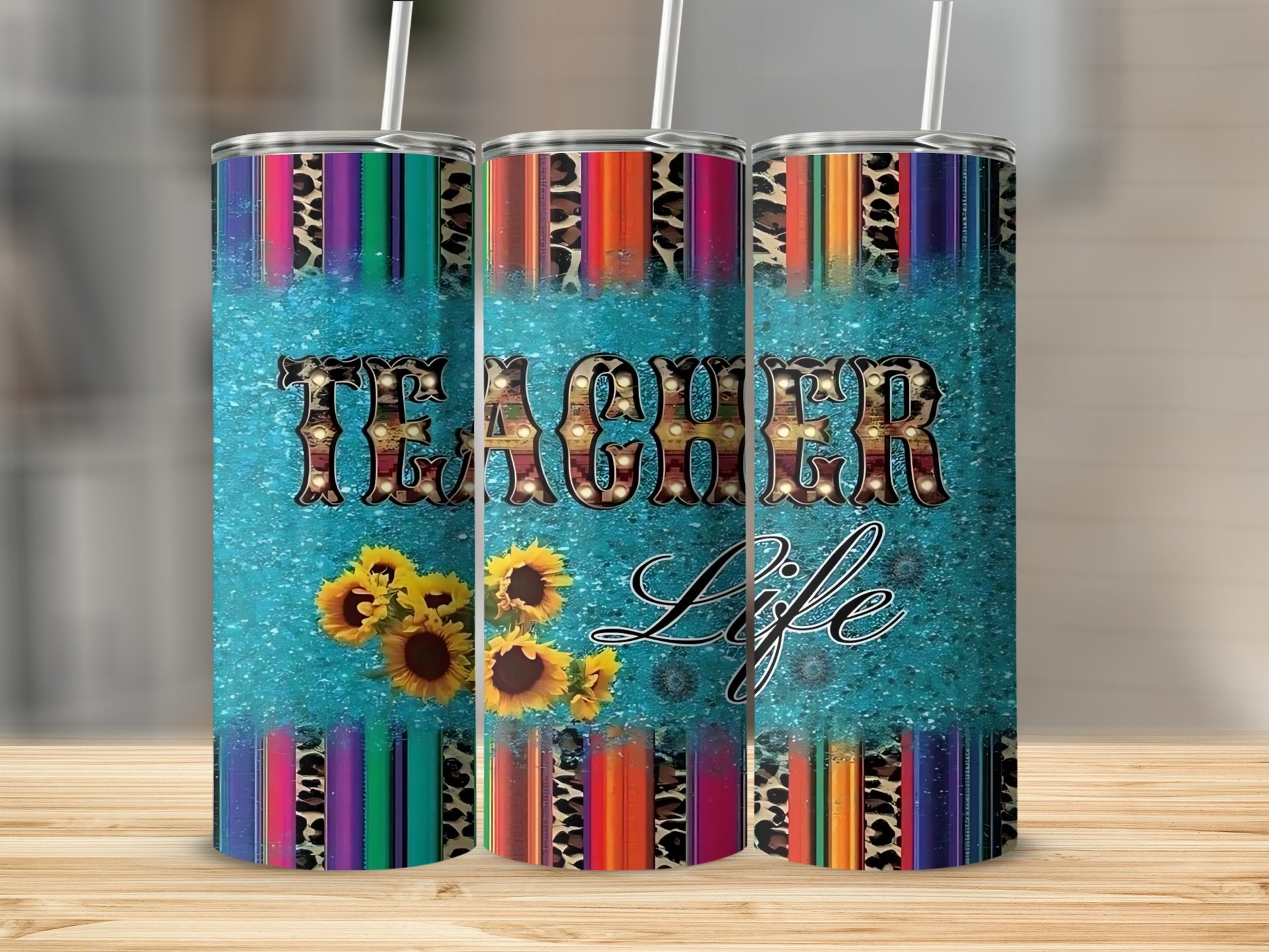 Teacher Life Colorful Leopard Sunflower Tumbler