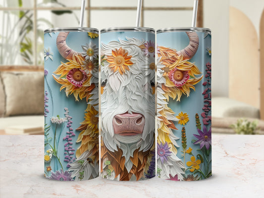 Highland cow with floral headdress on a blue, floral background.