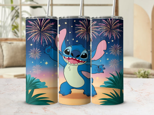 Triptych of Stitch from Lilo & Stitch on tumblers with fireworks background.