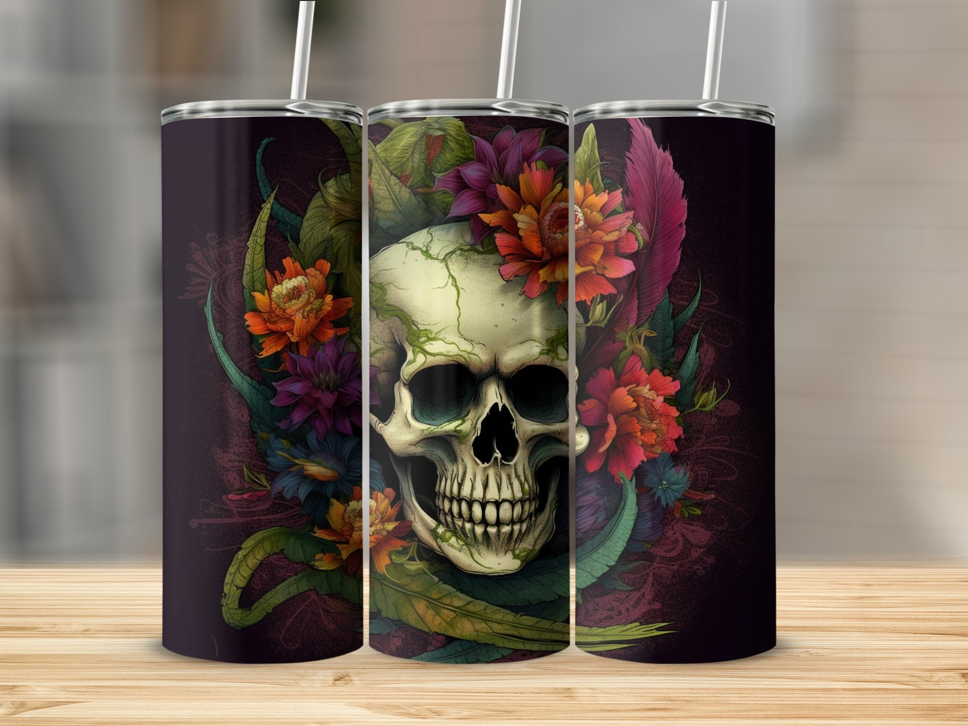 Skull with Colorful Flowers Tumbler for Drinks