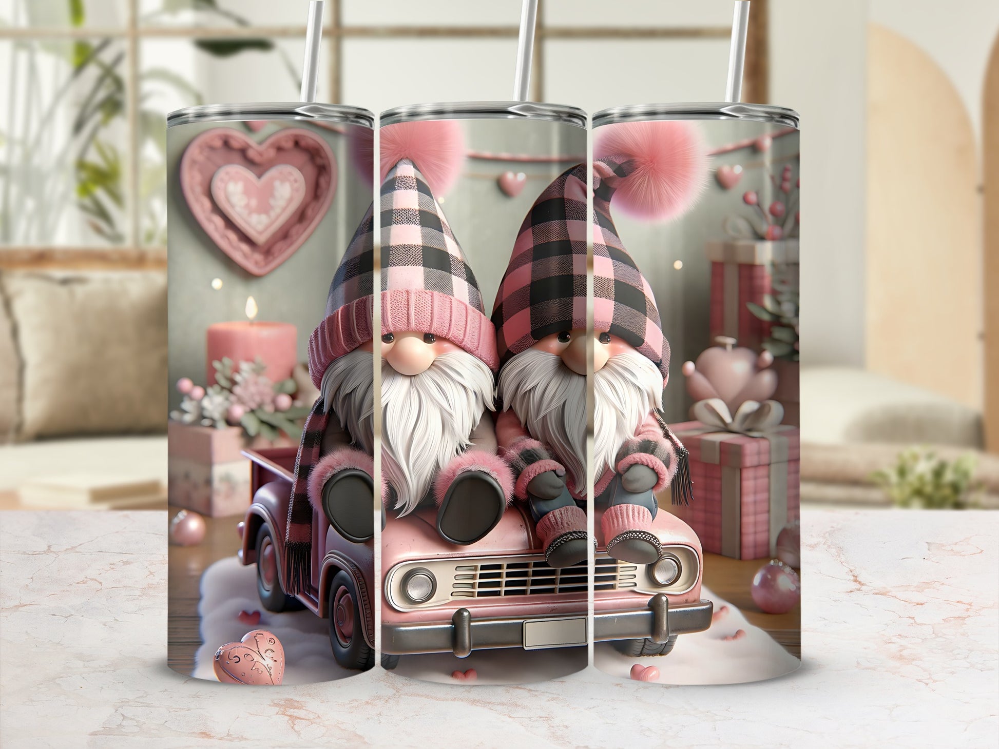 Two gnomes in pink and black plaid ride in a pink truck with heart decorations.