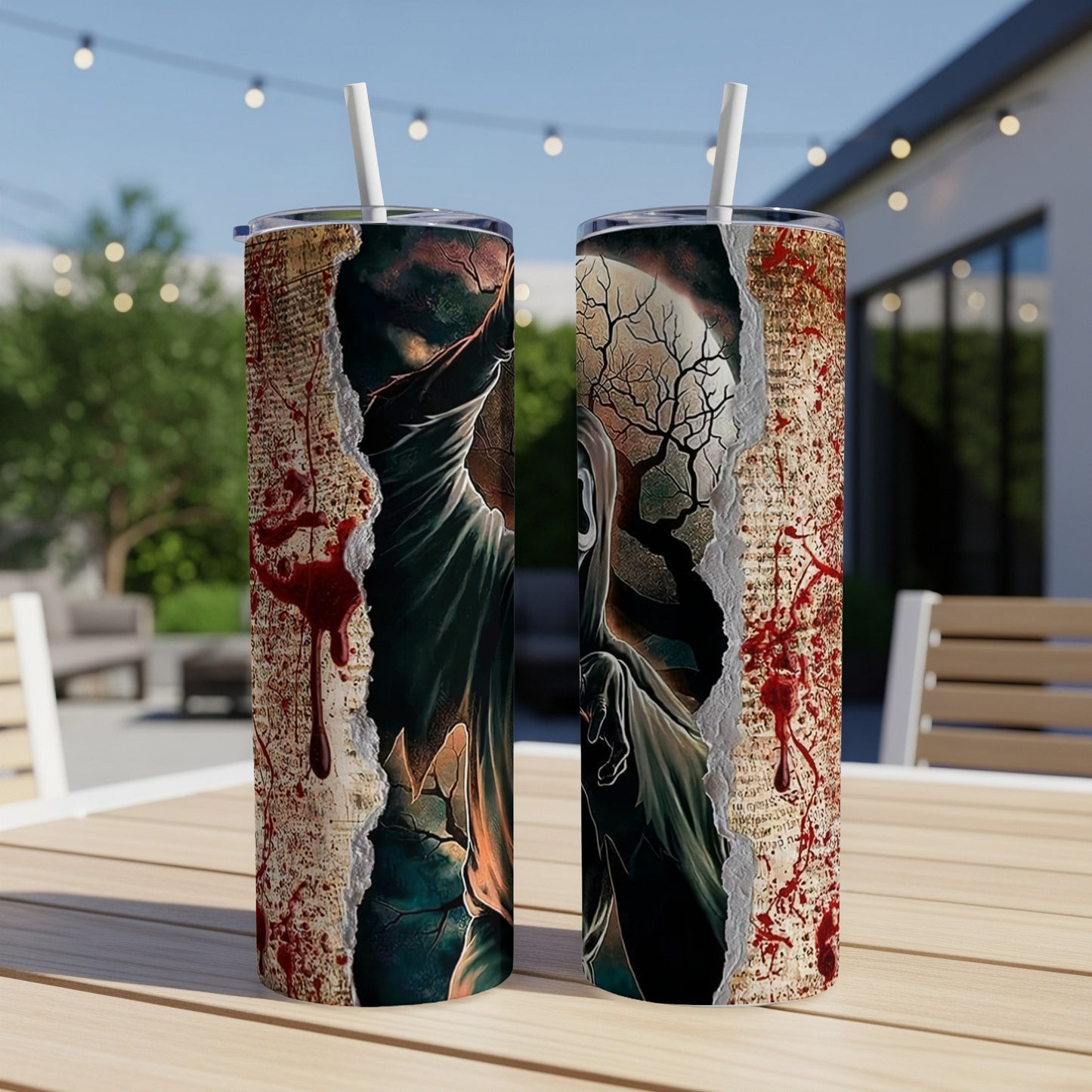 Two tumblers with a ripped paper design featuring a Grim Reaper and bloody text.