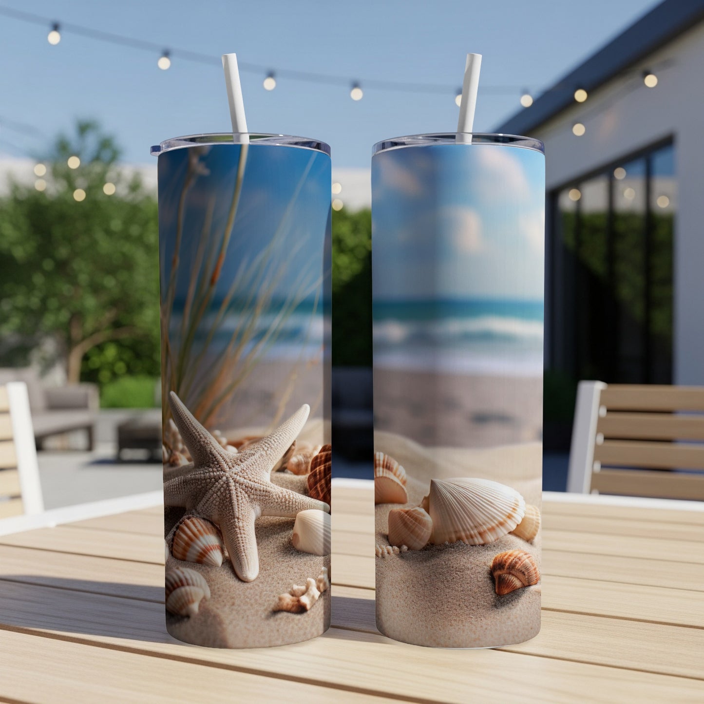Two tumblers with beach scene, starfish, and shells.